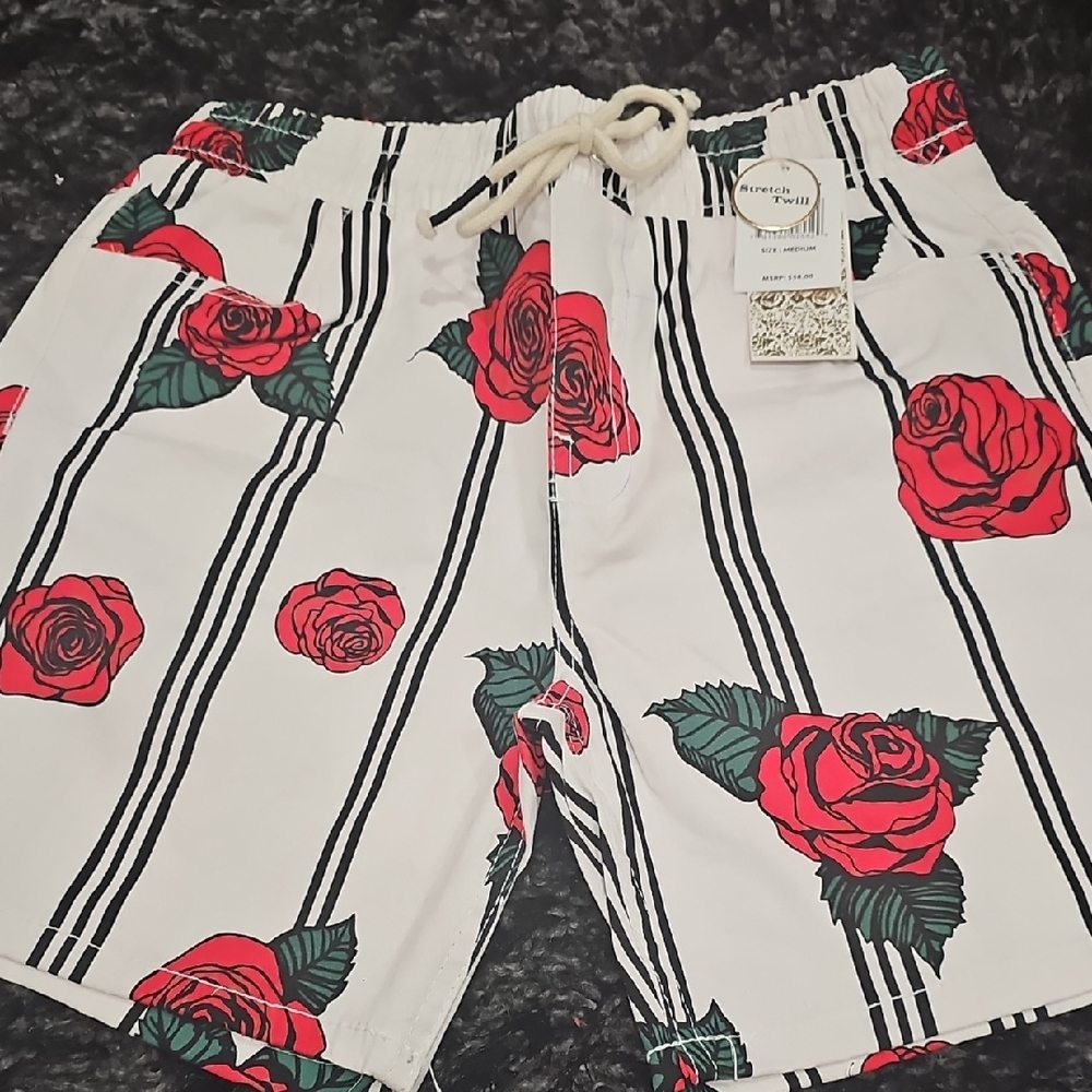 Floral Striped Shorts with Red Roses - Picture 1 of 9